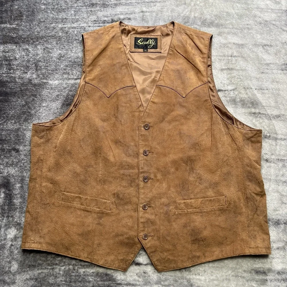 Scully Men's Distressed Leather Vest Size 48 Western Cowboy Button Front Brown